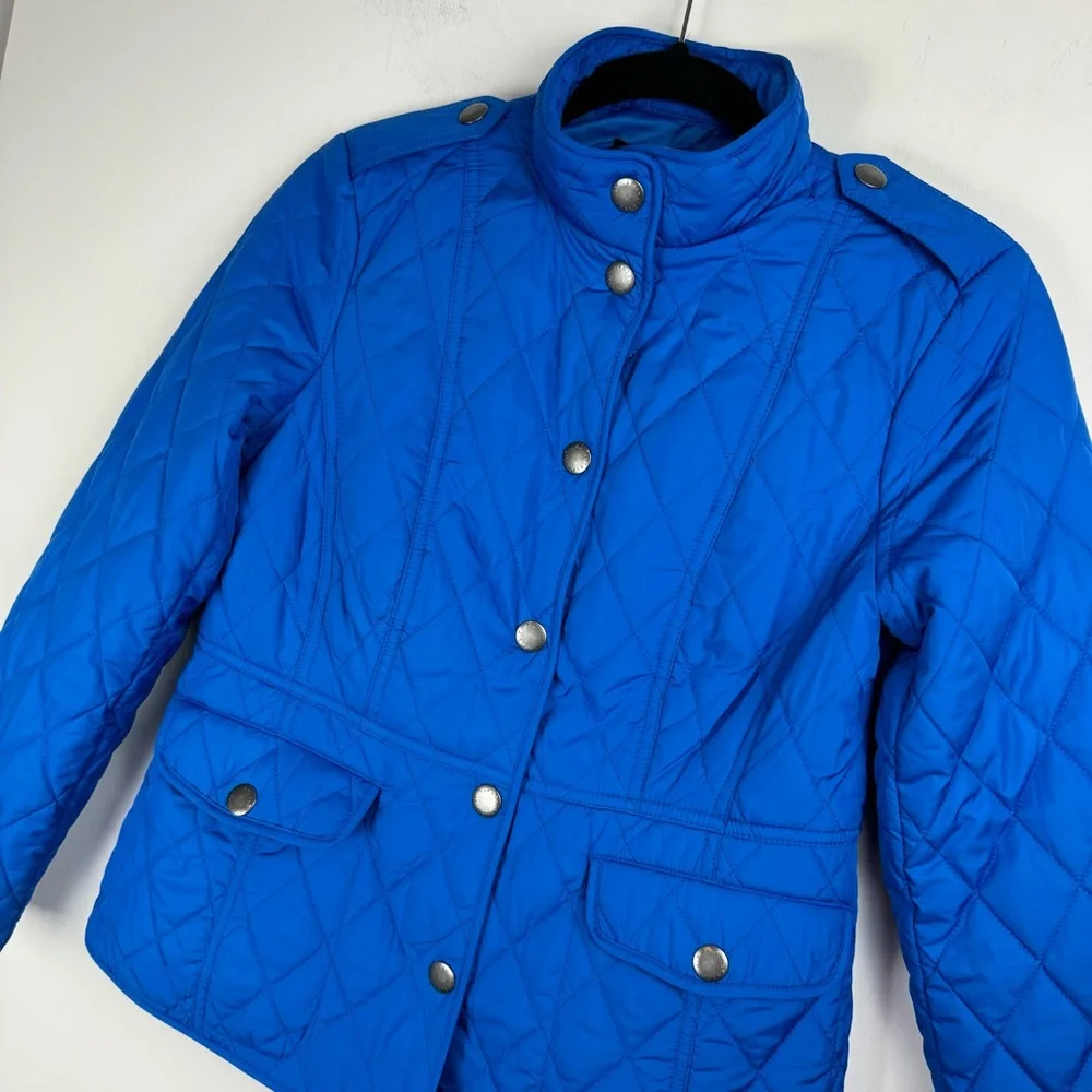 Talbots Diamond Quilted Jacket Sz Petite Cobalt Blue Button Snap Barn Chore